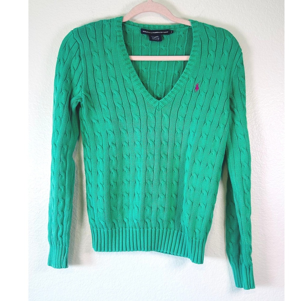 Ralph Lauren Sport Preppy Fall Green Cable Knit Cotton V-Neck Sweater SZ M